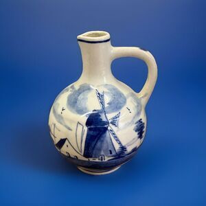 Vintage Delfts Holland Hand Painted Mini Pitcher Windmill Farm Blue‎ White 3.5"